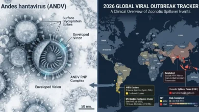 A microscopic view of the Andes hantavirus alongside a 2026 global map highlighting isolated epidemiological clusters in South America and Southeast Asia.