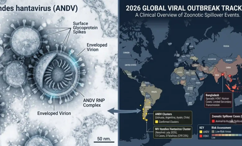 A microscopic view of the Andes hantavirus alongside a 2026 global map highlighting isolated epidemiological clusters in South America and Southeast Asia.