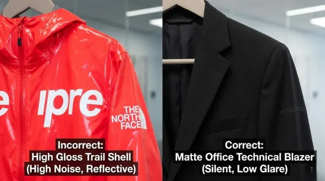 Comparing glossy hardshell vs. matte office technical blazer