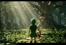A high-fidelity, realistic depiction of Young Link standing in a volumetrically lit Kokiri Forest looking at the Great Deku Tree, representing the Ocarina of Time remake graphics.