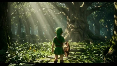 A high-fidelity, realistic depiction of Young Link standing in a volumetrically lit Kokiri Forest looking at the Great Deku Tree, representing the Ocarina of Time remake graphics.