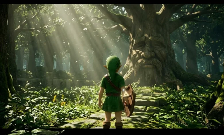 A high-fidelity, realistic depiction of Young Link standing in a volumetrically lit Kokiri Forest looking at the Great Deku Tree, representing the Ocarina of Time remake graphics.