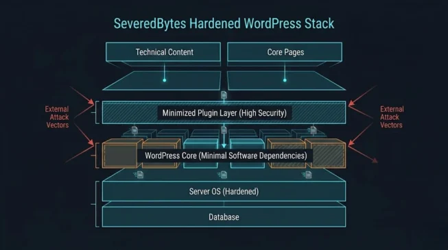 Digital blueprint showing the minimalist SeveredBytes hardened WordPress stack with low software dependencies.