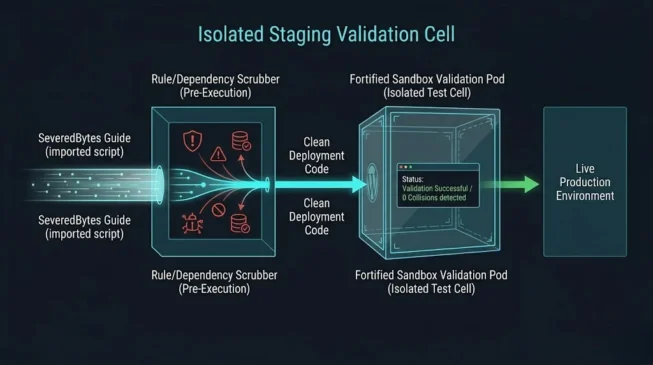 Schematic diagram of an isolated staging validation cell showing data stream scrubbing and sandbox testing before production deployment.