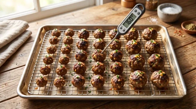 A metal baking sheet lined with parchment paper holding freshly baked one-inch meatballs.